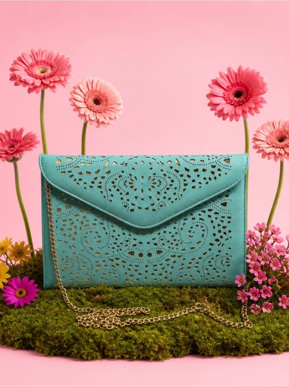 Women's Teal Laser-Cut Envelope Crossbody Bag